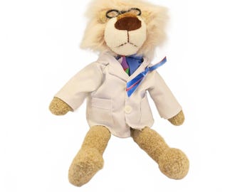 16" Vintage Good Stuff Plush Lion Doll in White Lab Coat with Glasses and Tie