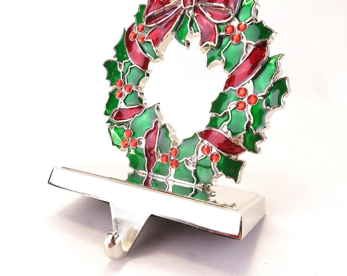 Silver Color Wreath With Enamel Coloring & Rhinestones Christmas Stocking Holder