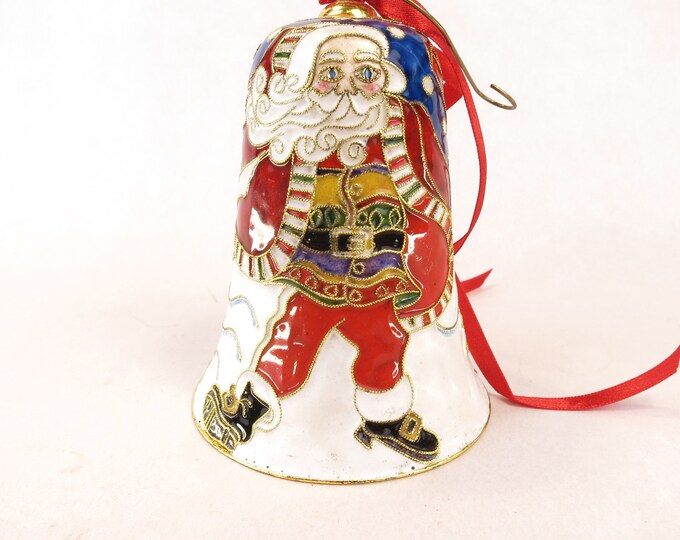 Dillards Trimmings Vintage Cloisonne Kite Santa Bell 2003 Christmas Bell Ornament with Red Velvet Box