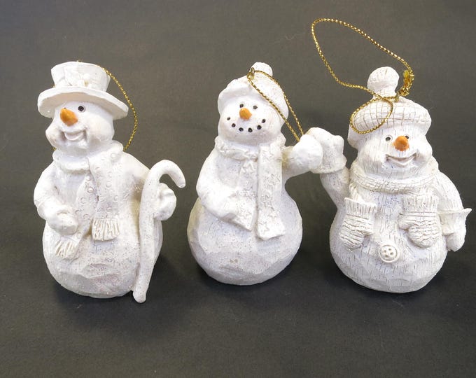 Set of 3 Snowmen Ornaments with White Accents & Glitter Vintage