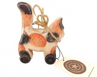 Juguete de madera con ruedas Boyd's Wheelie Cat, estilo folclórico, de 10 cm (4 pulgadas), vintage, con etiqueta original.