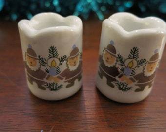 Miniature Vintage Porcelain Christmas Taper Candle Holders With Brown Santas