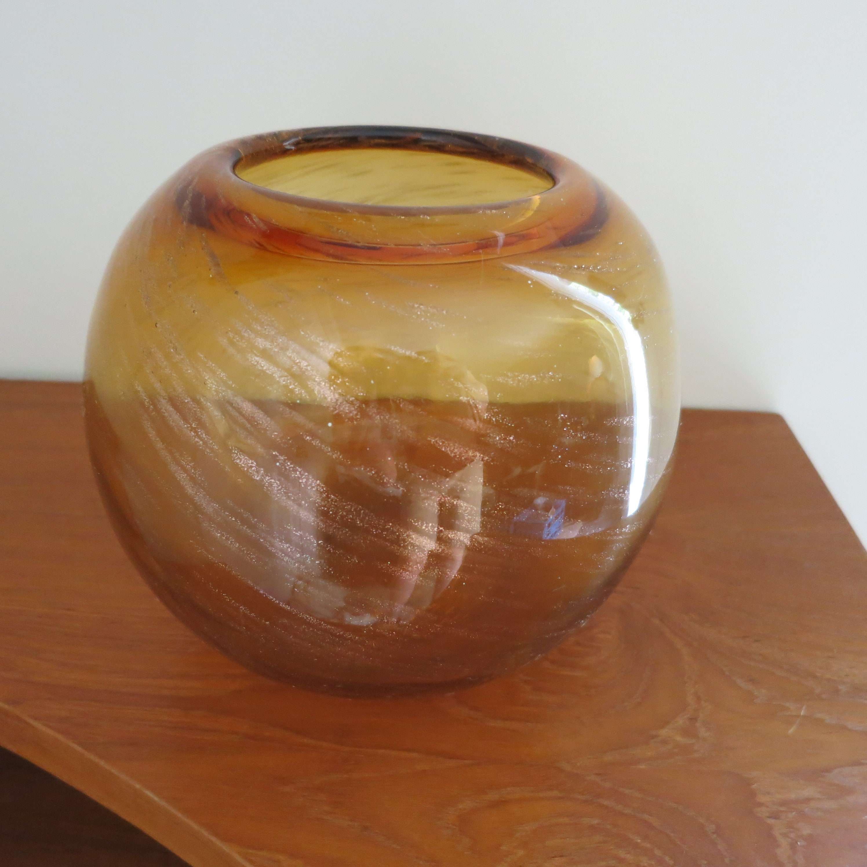 Vintage Amber, Brown & Gold Round Art Glass Vase