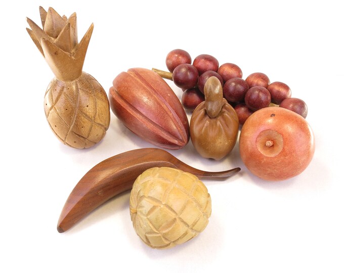 7 Piece Mid Century Modern Hand Carved Wood Fruit and Vegetables