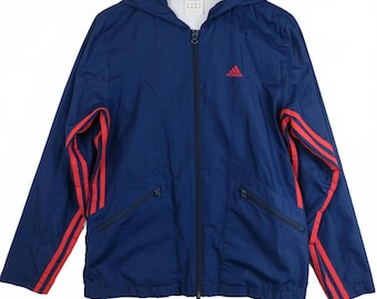 Chaqueta cortavientos con capucha y rayas rojas azul marino de Adidas para hombre talla S