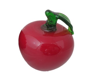 Vintage Murano Blown Glass Red Apple Green Stem