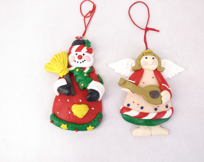 Set of 2 Hand Made Clay Ornaments 1980's Angel and Snowman