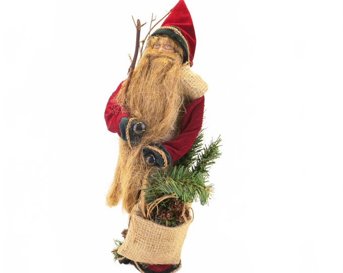 Christmas Vintage Rustic Santa Figurine Red Velvet Coat Country Woodland 13"