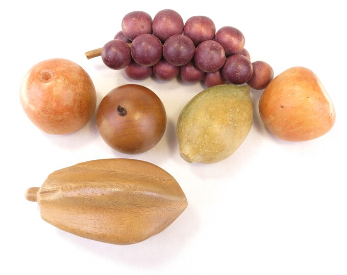 6 Piece Mid Century Modern Hand Carved Wood Fruit and Vegetables