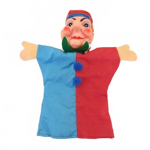 Vintage Mr. Rogers&#39; Neighborhood Jester Hand Puppet Rubber Head Blue/Red Fabric