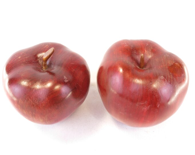 2 Vintage Carved Wood Apples 3.25" Fruit Retro Fabulous Decor