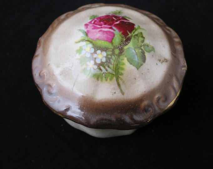 Vintage Trinket Box Ceramic with Hand Painted Rose Floral Design