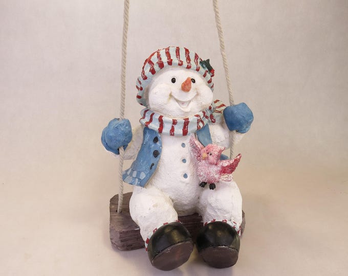 Vintage Snowman and Cardinal on Swing Indoor/Outdoor Decor 9" Tall