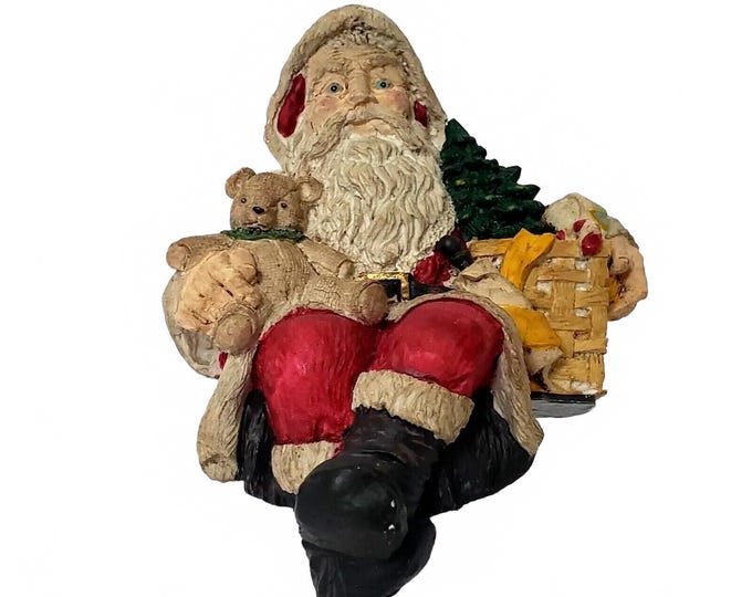 Vintage Santa Shelf Sitter Stocking Holder Christmas Teddy Bear 6" high