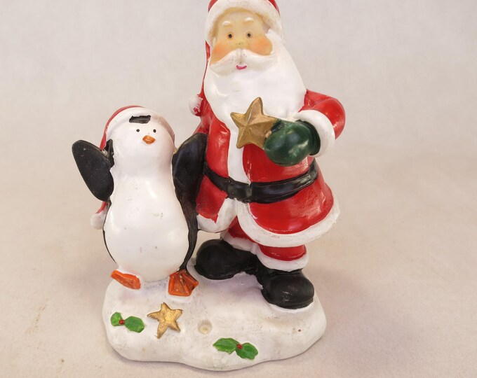 Vintage Santa and Penguin Resin Figurine 4" Tall