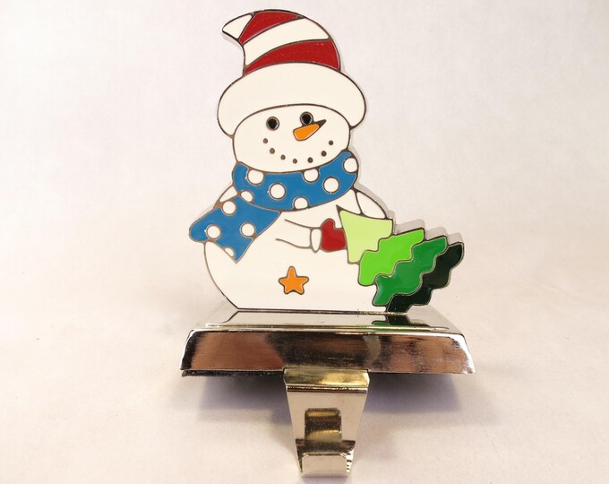 Enamel on Metal Snowman with Tree Christmas Stocking Holder 6.5" tall