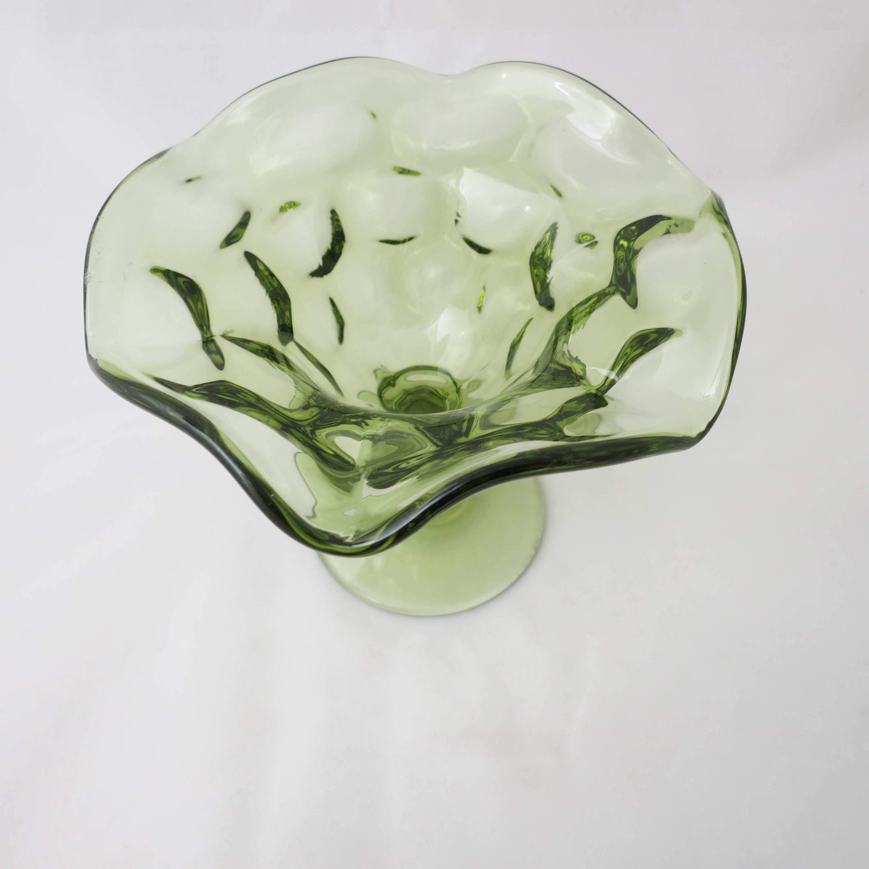 Green Fenton Glass Thumbprint Ruffle Top Pedestal Stem Bowl / Candy