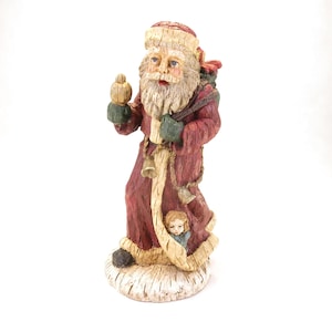 Large Vintage Faux Carved Santa Claus with Child Hand Painted 10.75&quot; Retro
