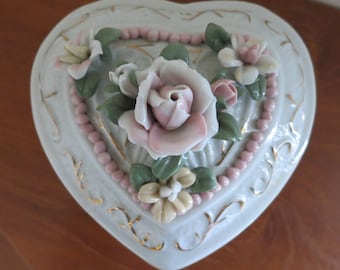 Vintage Applied Colorful Roses Floral Trinket Box Bone China