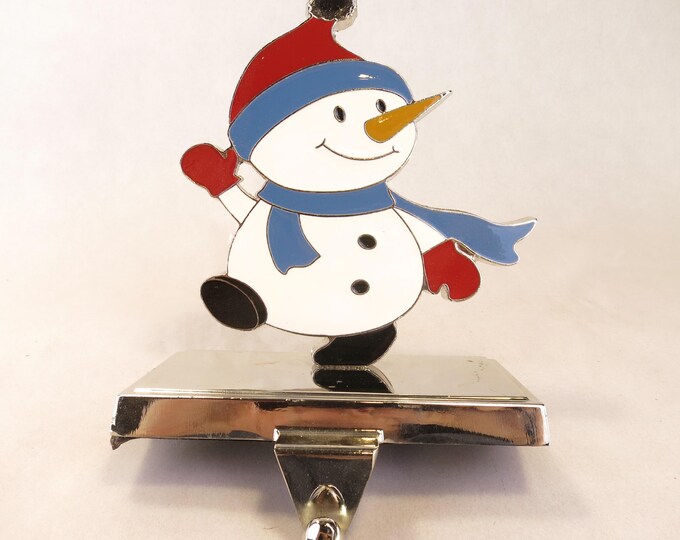 Enamel on Metal Waving Snowman Christmas Stocking Holder 6.5" tall Vintage
