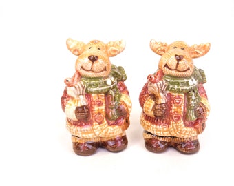 Happy Moose with Cardinals Christmas Salt & Pepper Shakers Vintage Holiday
