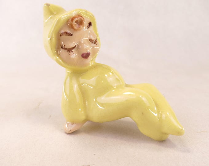 Porcelain Lounging Yellow Pixie Elf Shelf Sitter 2.5" Long