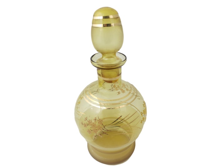 Blown Glass Vintage Gold Decanter Floral Design and Gold Bands