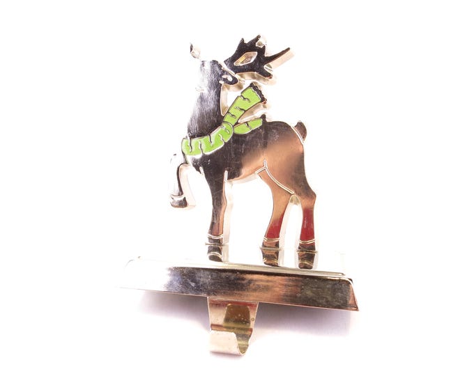 Vintage Enamel on Metal Christmas Reindeer in Green Scarf Stocking Holder, Metal 6.5" tall