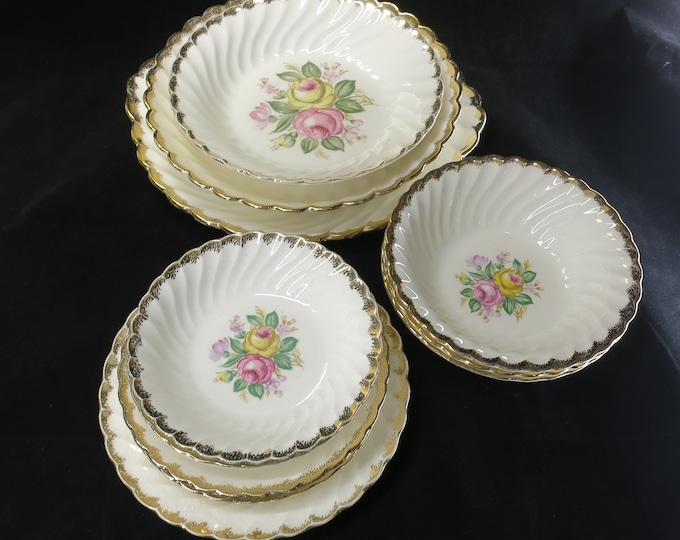 Vintage Quban Royal China 13 Piece Set Pink Roses Floral 22k Gold