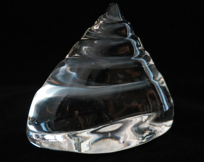 Molded Glass Clear Seashell Paperweight Polished Base 3.25" Tall, Vintage Shell