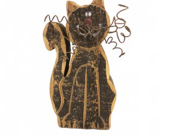 Vintage Halloween 90's Carved & Handpainted Black Cat Folk Art Wooden Figure