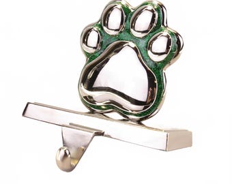 Vintage Silver Color Paw Print with Green Glitter Christmas Stocking Holder