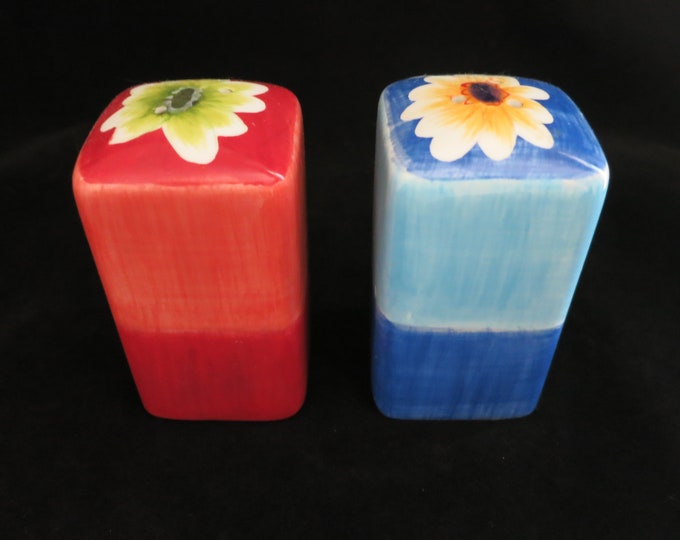 Vintage Flower Power Themed Salt & Pepper Shakers Blue/Red