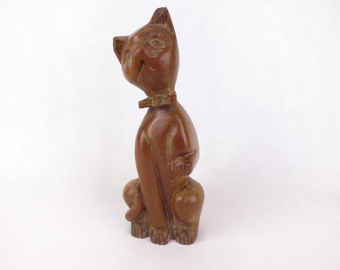 Vintage Cat with Bow Tie Mid Century Carved Wood Decorative Animal Rustic