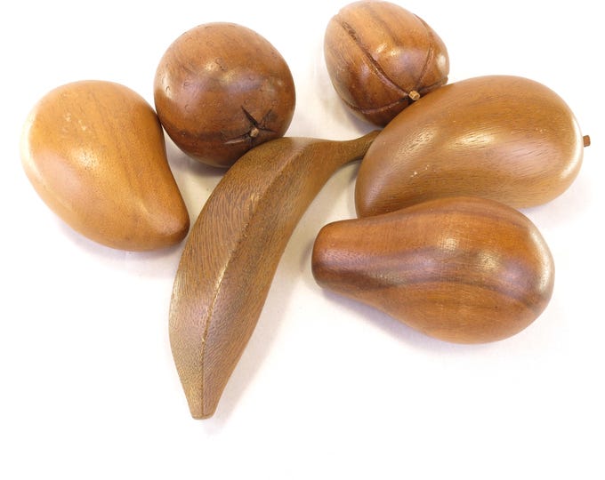 6 Piece Mid Century Modern Hand Carved Wood Fruit and Vegetables
