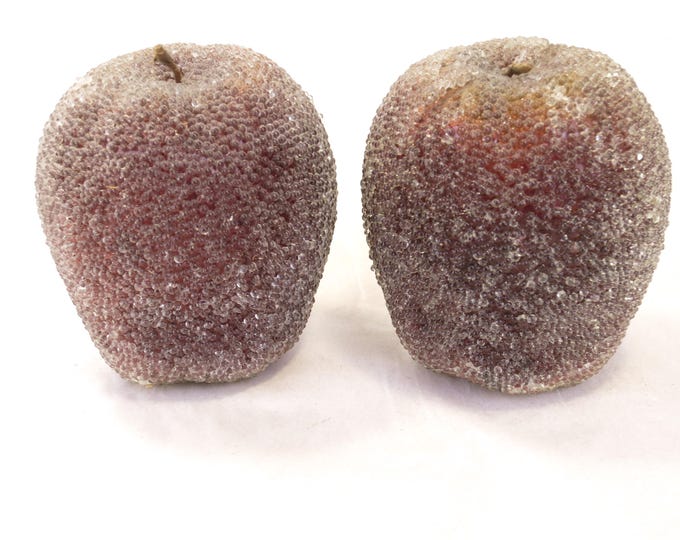 2 Vintage Beaded Sugar Dark Red Apples 3" Fruit Retro Fabulous Decor - Kitschy Decor 1950s Table Decor