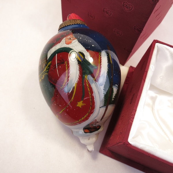 Vintage Old World Christmas Forest Santa Reverse Glass Painted Ornament