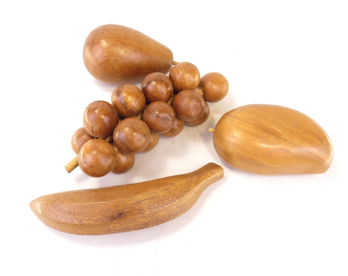 4 Piece Mid Century Modern Hand Carved Wood Fruit and Vegetables