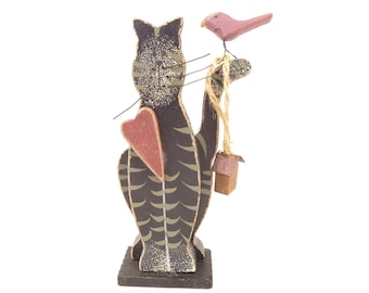 Gato de madera vintage con corazón rojo y bigotes de metal de 4,25 pulgadas.