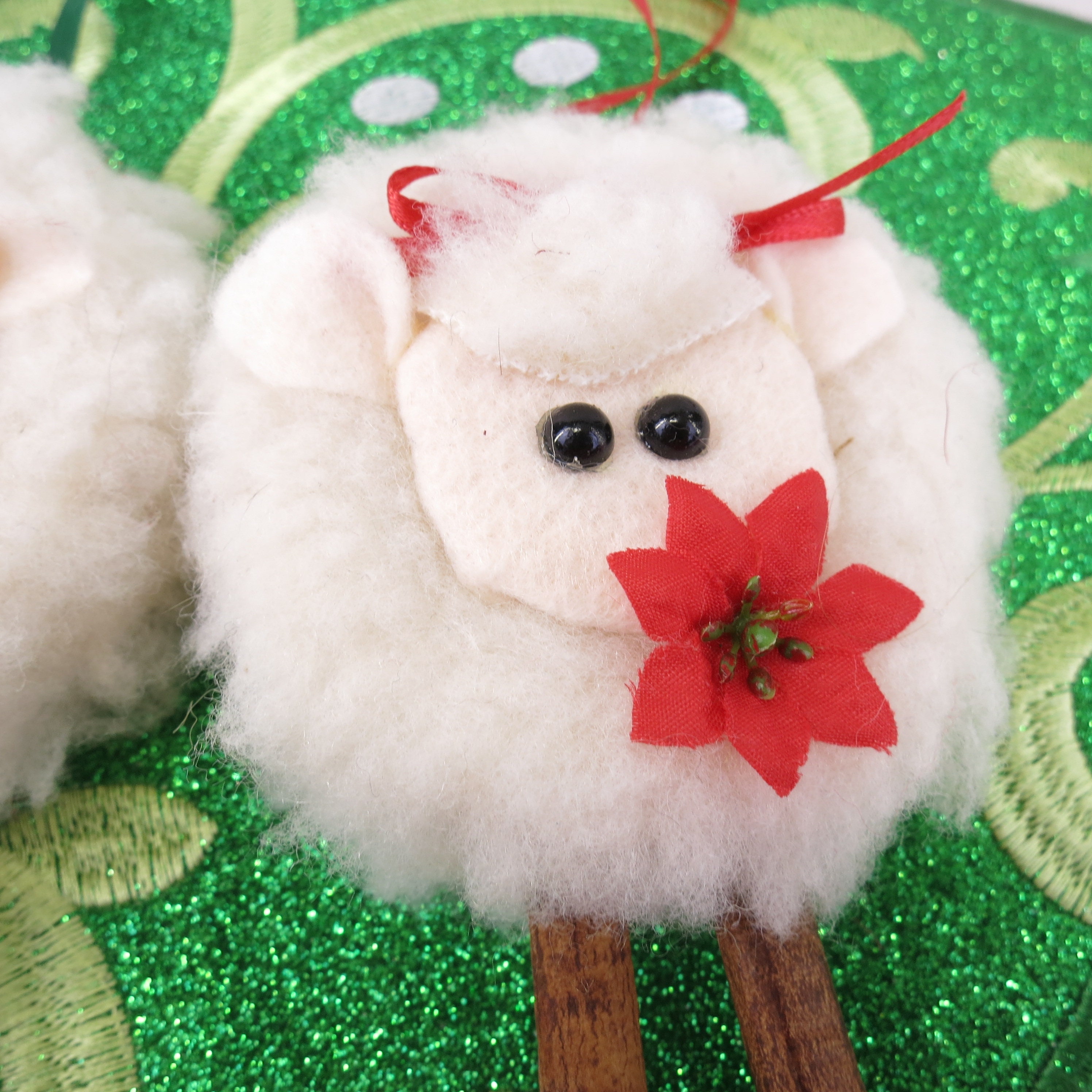 Set of 2 Hand Made Vintage Sheep Ornaments Fleece, Felt, and Cinnamon