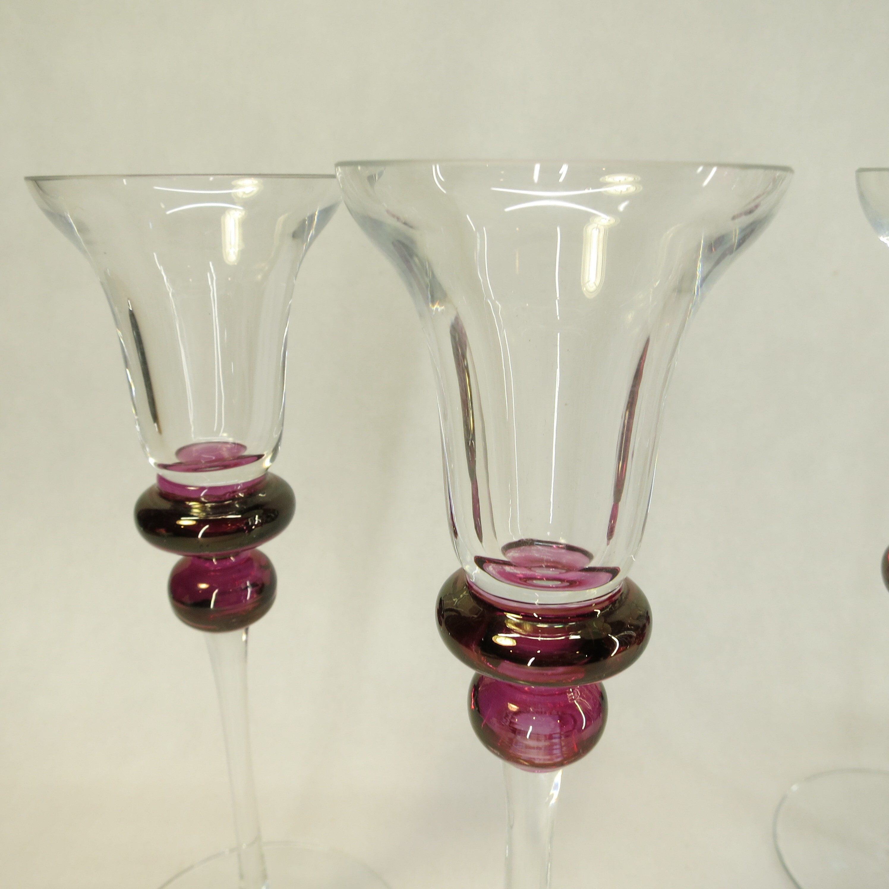 Set of 4 Clear & Purple 8 Blown Glass Candle Holders Fabulous Iridescent