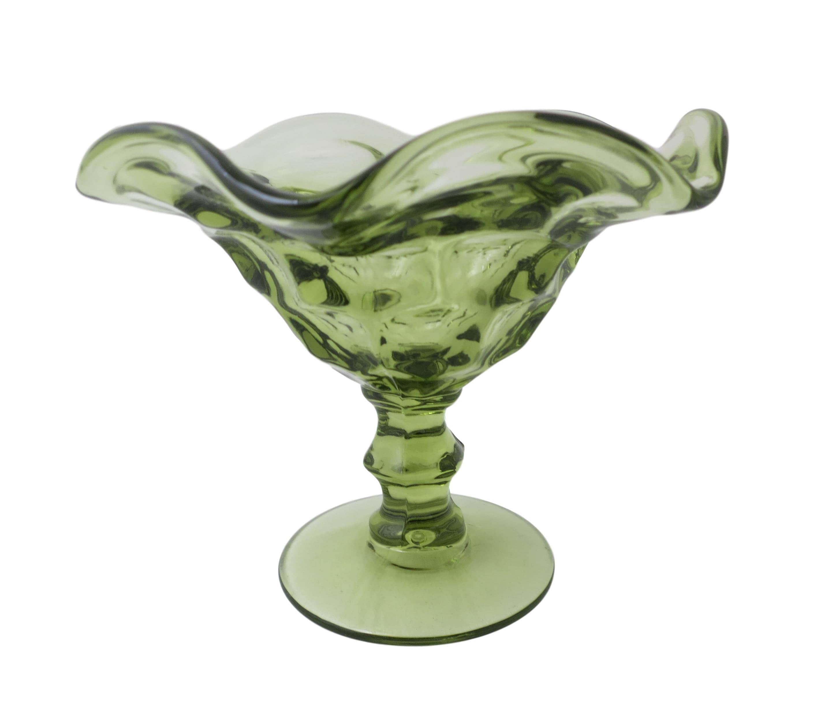 Green Fenton Glass Thumbprint Ruffle Top Pedestal Stem Bowl / Candy