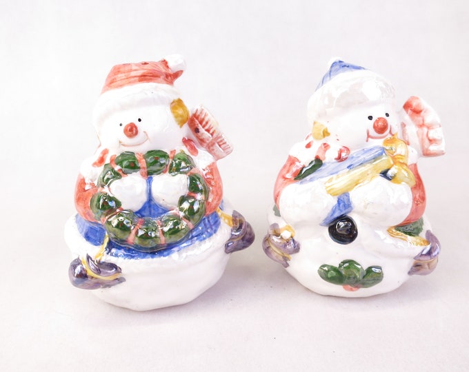Retro Groovy Snowman Merry Christmas Salt & Pepper Shakers Vintage Holiday