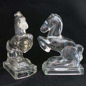 Set of 2 LE Smith Trojan Rearing Horse Clear Glass Bookends Statues 1940&#39;s