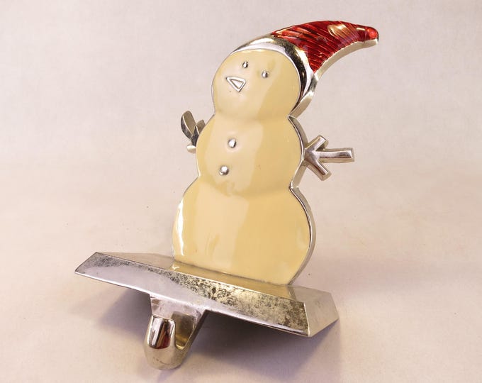 Vintage Enamel on Metal Snowman Christmas Stocking Holder, Metal 5.75" tall