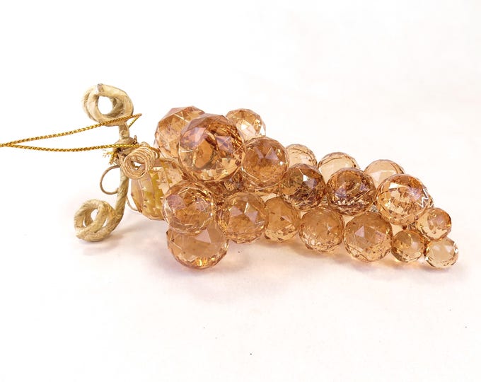 Vintage MCM Ornament Lucite Grape Bunch with Green Leaves and Brown Vine Small