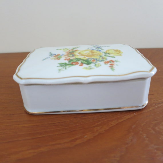 Vintage Yellow Roses Floral Trinket Box Bone Chin… - image 2