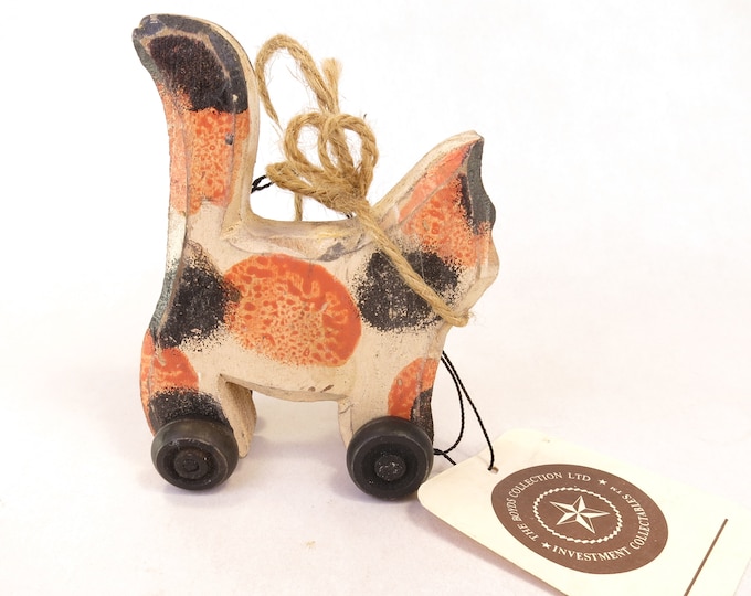 Boyd's Bears Wheelie Cat Folk Art Wood Block Pull Toy 4" Vintage with Original Tag