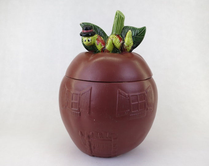 Ceramic Red Apple Cookie Jar With Glazed Worm in Tophat Vintage Fruit Kitchen Decor 1977