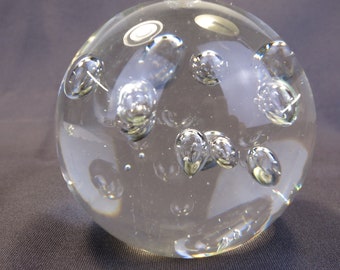 2.5" Vintage Hand Blown Glass Clear Paperweight with Controlled Bubbled
